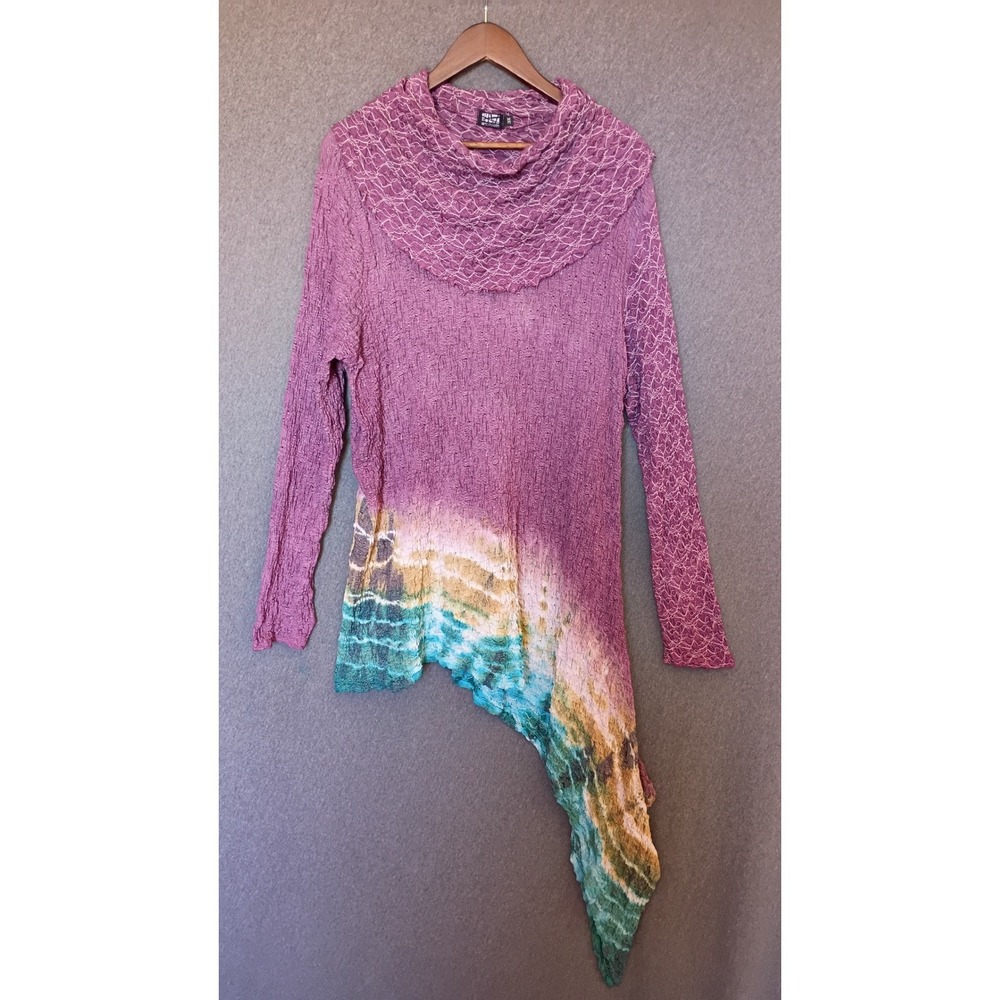 Art of Cloth Purple‎ Teal Tie Dye Crinkle Cowl Neck Asymmetrical Tunic Top 3X